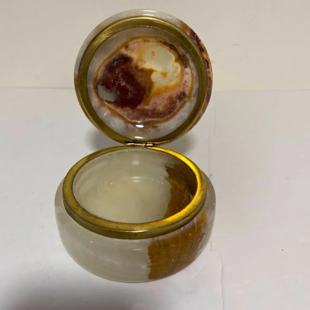 Vintage Onyx Stone Trinket Box with Brass Hinge – Round Marble Jewelry Box